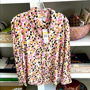 NWT Alexander Jordan White/pink abstract Button-Up Blouse. Size Medium.